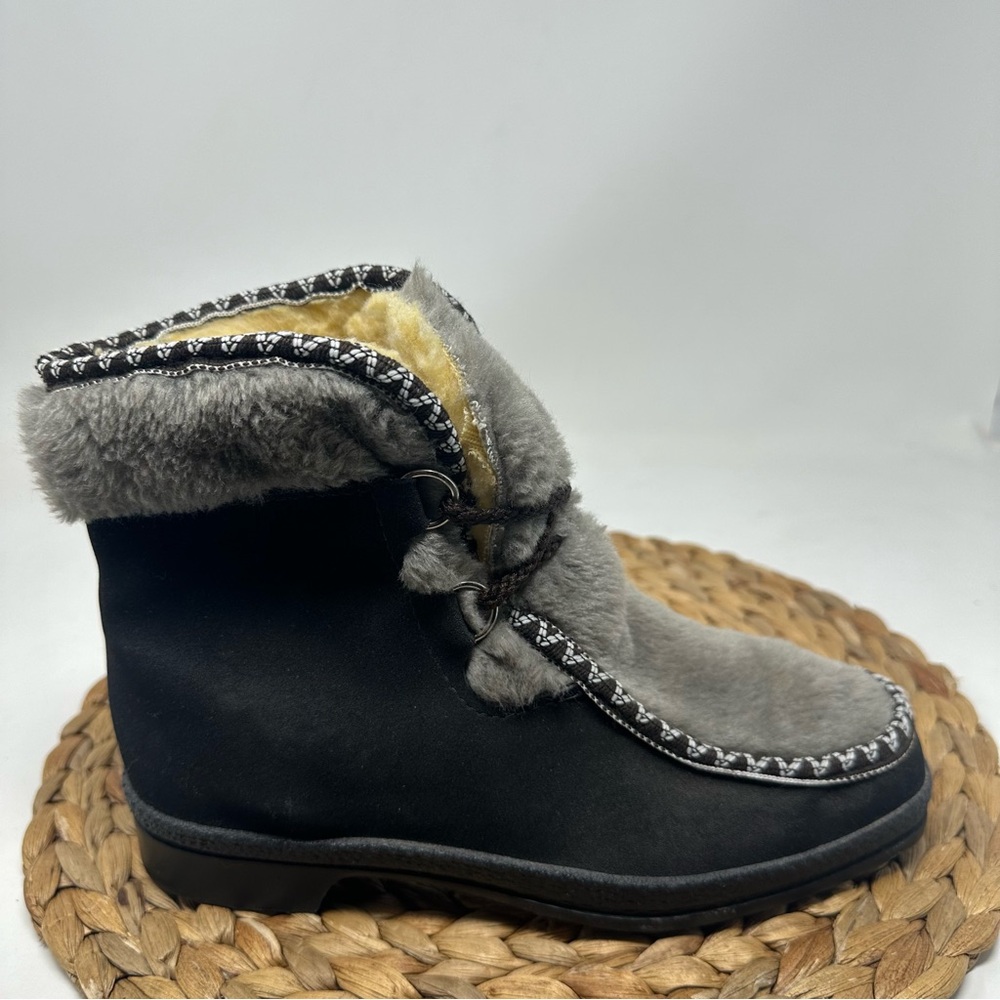 Vtg Snowland Winter Boots Black Gray Faux Fur Sherpa Lining Trim Size 7 Women's
